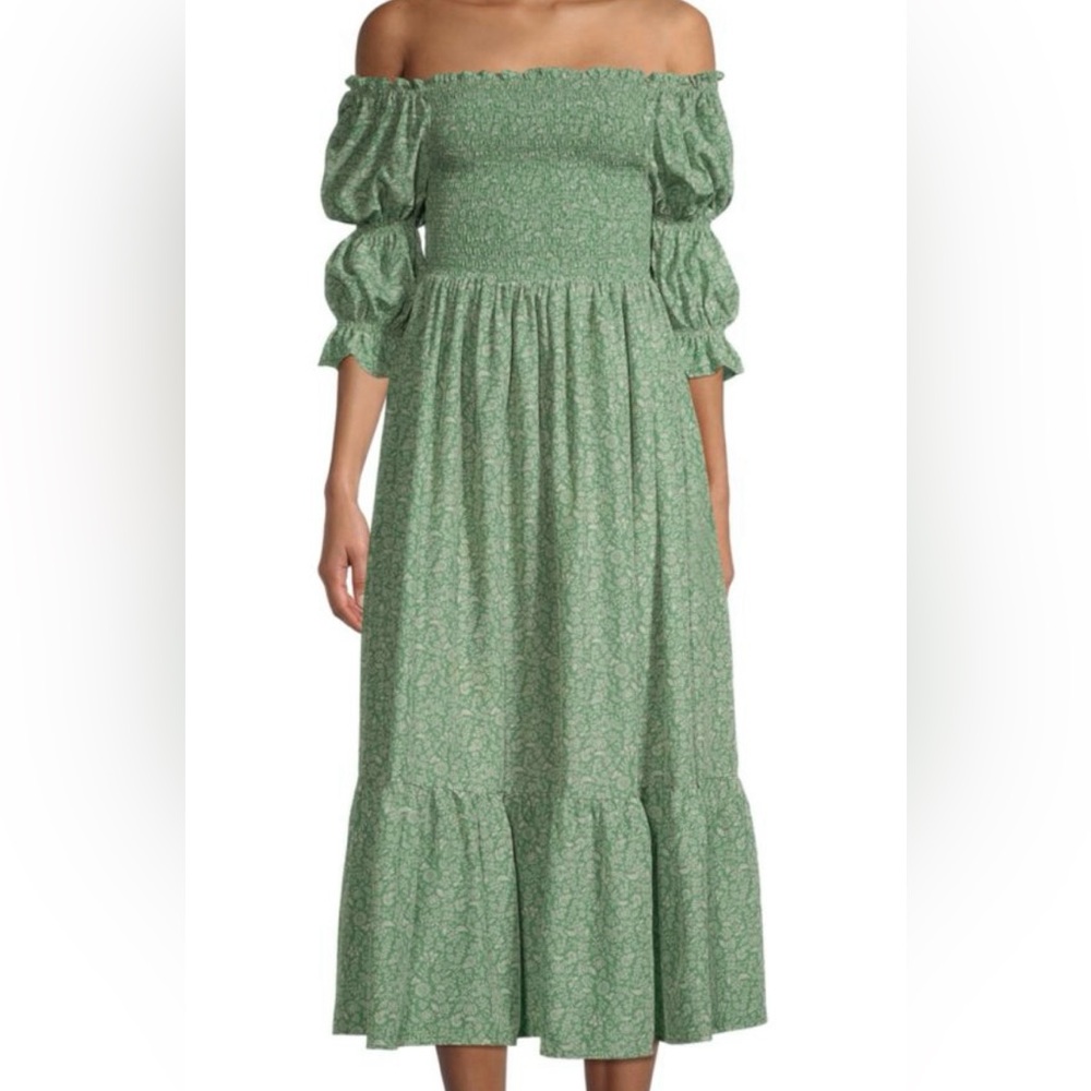 Off The Shoulder Smocked Dress in Green Paisley